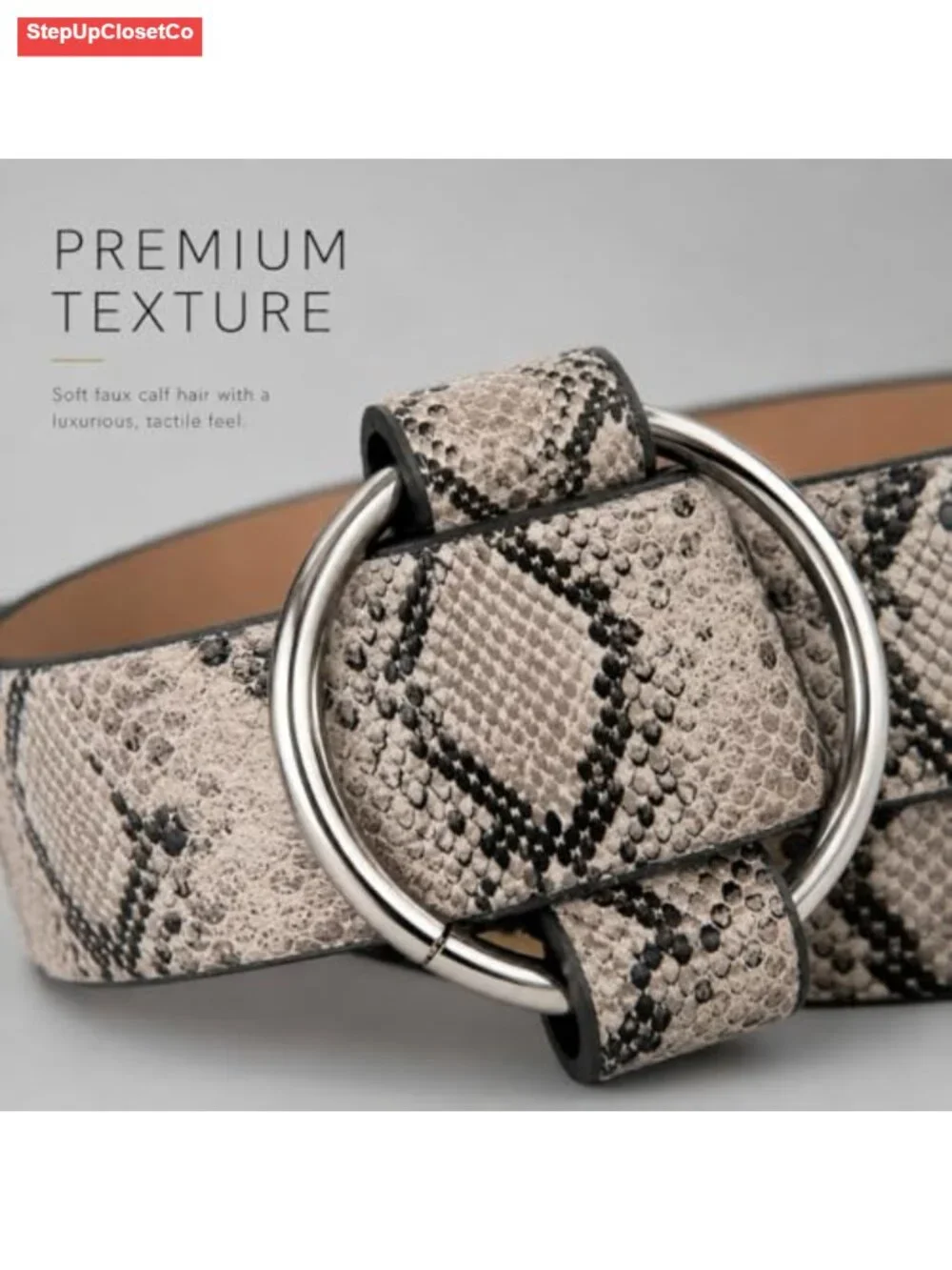 Women's Snake Print Faux Leather Belt with Silver O-Ring Buckle - No-Hole